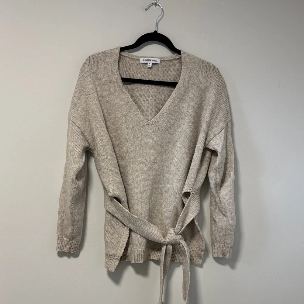 Elizabeth and James Beige V-Neck Sweater with Tie Waist - Picture 2 of 7